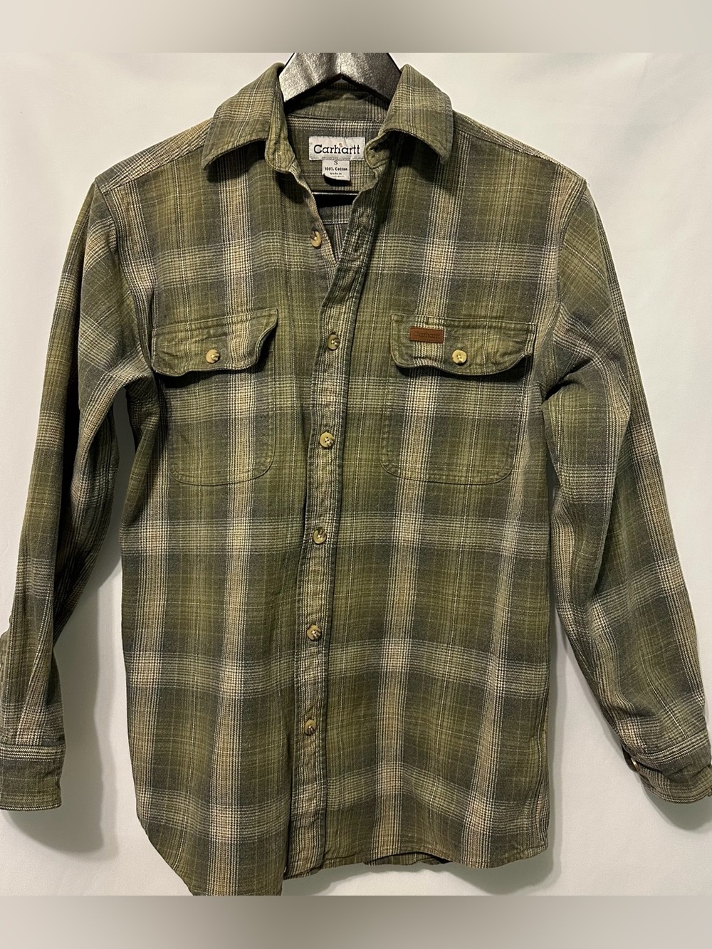 Carhartt Green Plaid Flannel Shirt Mens Small Long Sleeve Heavier Weight Pockets